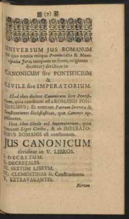 Jus Canonicum dividitur in V. Libros