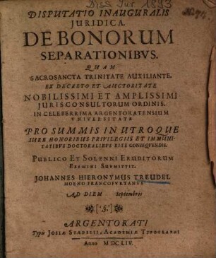 Disputatio Inauguralis Juridica, De Bonorum Separationibvs