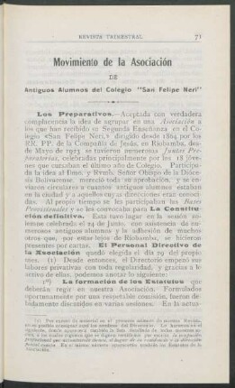 Movimiento de la Asociación de Antiguos Alumnos del Colegio "San Felipe Neri"