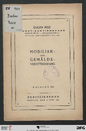 Mobiliar- und Gemälde-Versteigerung : [Gemälde, Mobiliar und kunstgewerbliche Gegenstände usw.] ; Versteigerung 2. Juni 1924 (Katalog Nr. 21)