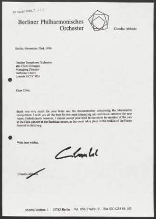 Brief an Clive Gillinson an London Symphony Orchestra, 23.11.1996