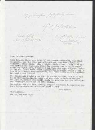 Kopie eines Briefes von Friedrich Alberti an Freiherrn von Moltke