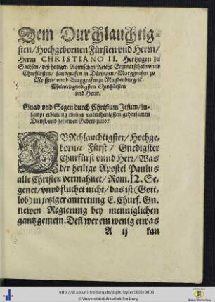 Dem Durchlauchtigsten / Hochgebornen Fürsten und Herrn / Herrn Christiano II. ...