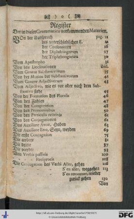 Register der in dieser Grammatica vorkommenden Materien.
