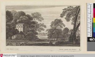 [Landschaft mit einem Angler an einem Fluss, an der anderen Uferseite ein Gebäude auf einer Anhöhe]