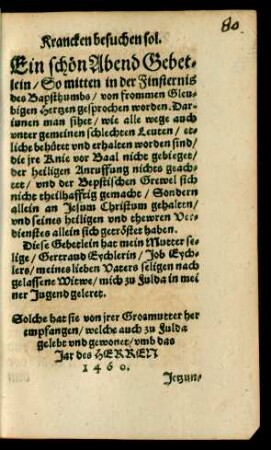 Ein schön Abend Gebetlein/ So mitten in der Finsternis des Bapsthumbs/ von frommen Gleubigen Hertzen gesprochen worden ...