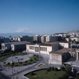 Athen, Nationalbibliothek (1888-1902), Universität (um 1839-1849) und Akademie (1859-1885). Christian und Theophil Hansen, Ziller
