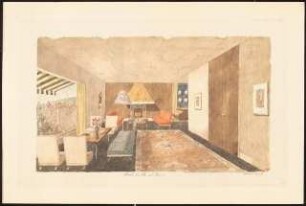 Landhaus, Nyon (Haus Schwebes, zahlreiche Varianten): Perspektivische Ansicht (Innenraum: Wohnhalle mit Kamin)