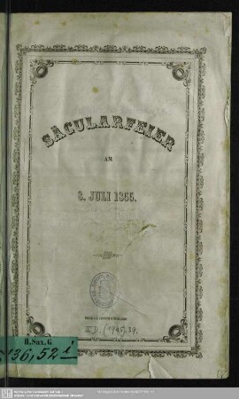 Säcularfeier am 8. Juli 1855 : [im Königlichen Großen Garten zu Dresden]