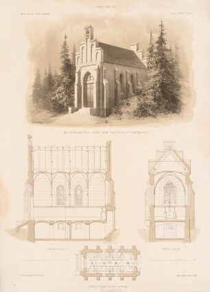 Herrschaftliche Gruft und Kapelle, Barskewitz: Grundriss, Perspektivische Ansicht, Längsschnitt, Querschnitt (aus: Architektonisches Skizzenbuch, H. 89/1, 1868)