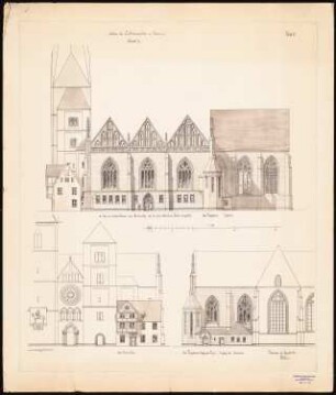 Liebfrauenkirche, Bremen Ausbau: Entwurf II, 3 Ansichten mit Neuanbauten, Südfassade 1:100, neuer Giebelaufbau 1:100, Ansicht Sakristei 1:100, Steckbogen zur oberen Ansicht mit Alternativfenstern