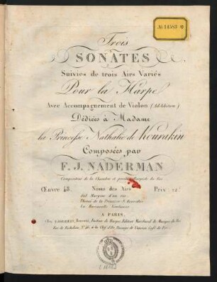 Trois Sonates Suivies de trois Airs Variés pour la Harpe Avec Accompagnement de Violon (Ad-libitum) : Œuvre 48.