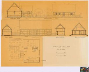Wustrau (Kreis Neu-Ruppin): Hof Miessner. - Lageplan mit Wohnhaus (Grundriss des Erdgeschosses), Stall (Grundriss), Scheune (Grundriss), Dung (Aufsicht), Aborte (Grundriss), Brunnen, Kuhstall (Grundriss). - Scheune (Querschnitt, Süd-Ost-Seiten-Ansicht). - Stall (Süd-West-Seiten-Ansicht Querschnitt). - Wohnhaus (Süd-West-Seiten-Ansicht, Querschnitt). - Kuhstall (Querschnitt)
