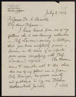 Nr. 1: Brief von Tsuruichi Hayashi an Adolf Hurwitz, Sendai, 3.7.1913