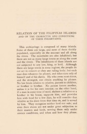 Relation of the Filipinas Islands and of the character and conditions of their inhabitants