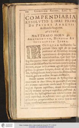 COMPENDIARIA RESOLVTIO LIBRI PRIMI De PRIORE ANALYSI Aristotelis Stagiritae.