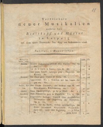 Jubilate-Messe 1798: Verzeichnis neuer Musikalien welche bey Breitkopf und Härtel in Leipzig auf dem alten Neumarkt No. 674. zu bekommen sind