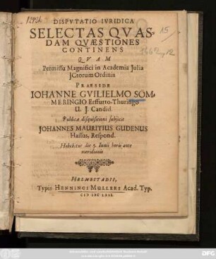 Disputatio Iuridica Selectas Quasdam Quaestiones Continens