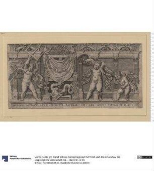 (1) 1 Blatt antikes Sarkophagrelief mit Thron und drei Amoretten, die ursprüngliche Unterschrift: Opvs Hoc Divi Vitalis erweitert und die Jahreszahl 1515 verändert in 1519: B. 242.