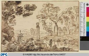 Landschaftsskizze mit Hirten am Brunnen