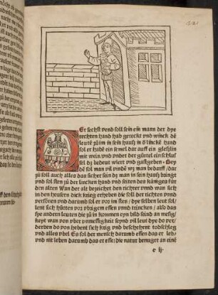 Figur (Der sechste Vend): Der Wirt mit Schlüssel am Gürtel und Weinglas als Attribut; D-Initiale