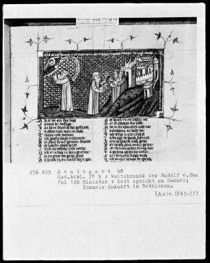 Weltchronik des Rudolf von Ems — Gott spricht zu Samuel und Samuels Ankunft in Betlehem, Folio 128recto