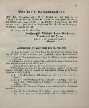 48. Ministerial-Bekanntmachung, betreffend Abänderung der Postordnung vom 11. Juni 1892
