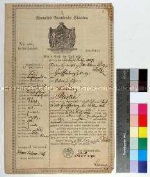 Sächsischer Reisepass für den Horndrechslergesellen Johann Philipp Tietz von Torgau über Wittenberg nach Berlin zum Zweck der Arbeitssuche