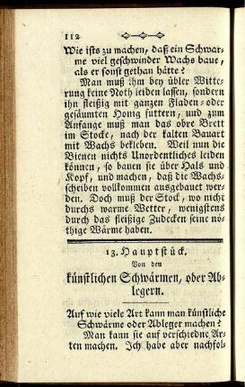 13. Hauptstück. Von den künstlichen Schwärmen, oder Ablegern.