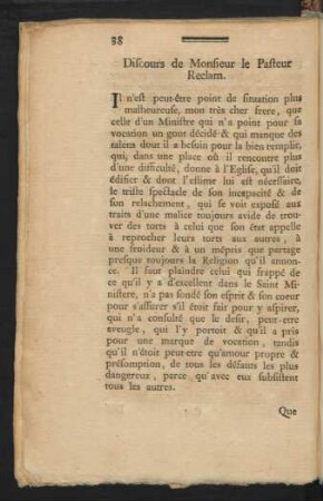 Discours de Monsieur le Pasteur Reclam
