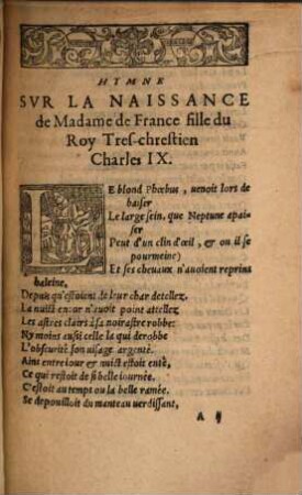 Hymne Svr La Naissance De Madame de France fille du Roy tres-chrestien Charles IX. : a noble homme & saige monsieur maistre Iaques Fouyn Prieur & seigneur d'Argenteul