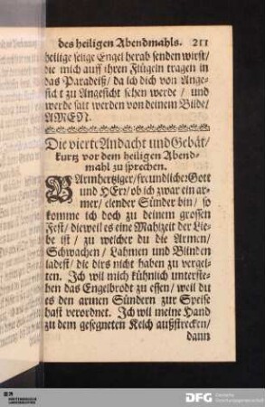 Die vierte Andacht und Gebät/ kurz vor dem heiligen Abendmahl zu sprechen.