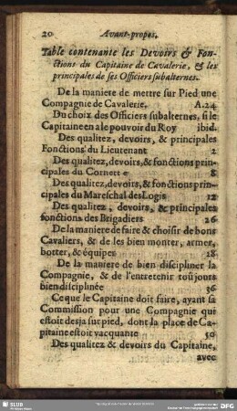 Verzeichnuß der Ambtsverrichtungen eines Rittmeisters und seiner fürnemsten ihm nachgesetzten Officirer / Table contenante les Devoirs & Fonctions du Capitaine de Cavalerie, & les principales de ses Officiers subalternes