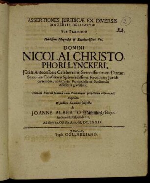 Assertiones Iuridicae Ex Diversis Materiis Desumptae