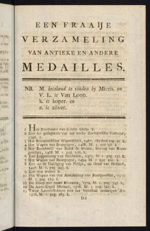 Een Fraaije Verzameling van Antieke en andere Medailles.