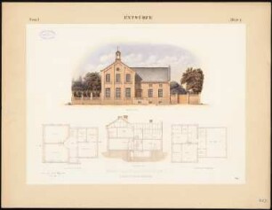 Schulhaus: Vorderansicht, Grundrisse 1. und 2. OG, Schnitt