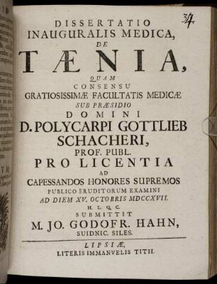 Dissertatio Inauguralis Medica, De Taenia