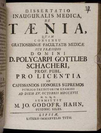 Dissertatio Inauguralis Medica, De Taenia