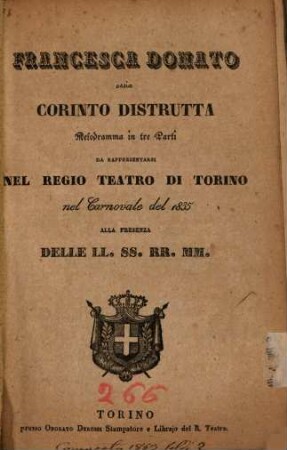Francesca Donato ossia Corinto distrutta : Melodramma in 3 parti