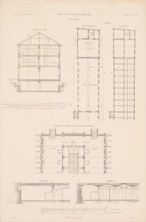 Viehmarkt und Schlachthof, Berlin: Grundriss EG, 1.OG, Querschnitt Kälberställe, Keller, Schnitt AB, Schnitt CD Schlachthaus (aus: Atlas zur Zeitschrift für Bauwesen, hrsg. v. G. Erbkam, Jg. 22, 1872)