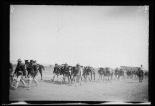 Nador (Marokko): Gebirgsartillerie [des spanischen 10. Kavallerie-Regiments "Alcántara" (?)] in hellgestreiften Uniformhosen, dunklen Uniformjacken und Tropenhelmen und mit Munitionskisten tragenden Pferden