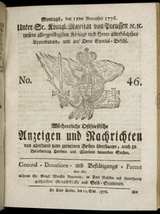 No. 46. Montags, den 11ten November 1776.