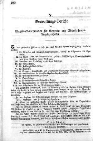 N. Verwaltungs-Bericht der Magistrats-Deputation für Gewerk- und Niederlassungs-Angelegenheiten
