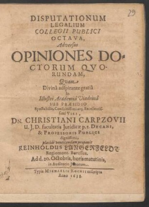 Disputationum Legalium Collegii Publici Octava, Adversus Opiniones Doctorum Quorundam