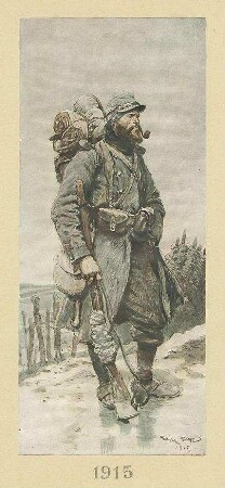 Französischer Infanterist 1915 in Winter- und Feldausrüstung, Mütze und Gewehr, stehend, in Profil