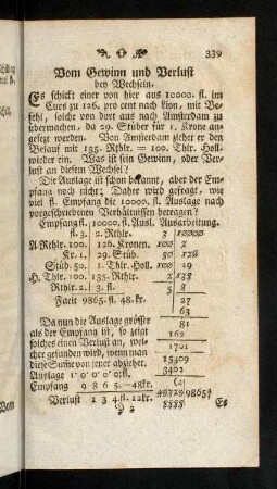 339-349, Vom Gewinn und Verlust bey Wechseln. Wahl bey Wechseln. Den Lauf eines Wechsels auf jeden Plaz zu finden.