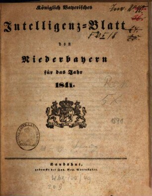 Königlich Bayerisches Intelligenzblatt von Niederbayern. 1841