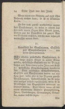 IV. Unterschied der Sensationen, Gefühle und Empfindungen - von denen Perceptionen
