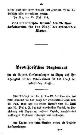 Provisorisches Reglement für die Bezirks-Versammlungen in Bezug aus ihre Thätigkeit für den Lokal-Verein für das Wohl der arbeitenden Klassen