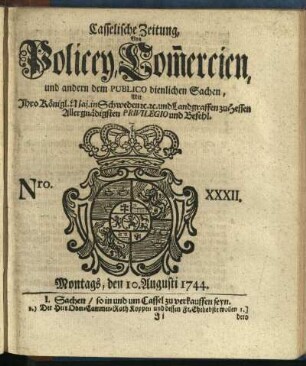 Nro. XXXII, Montags, den 10. Augusti 1744